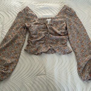 H&M Pink Bishop Sleeve Smocked Crop Blouse